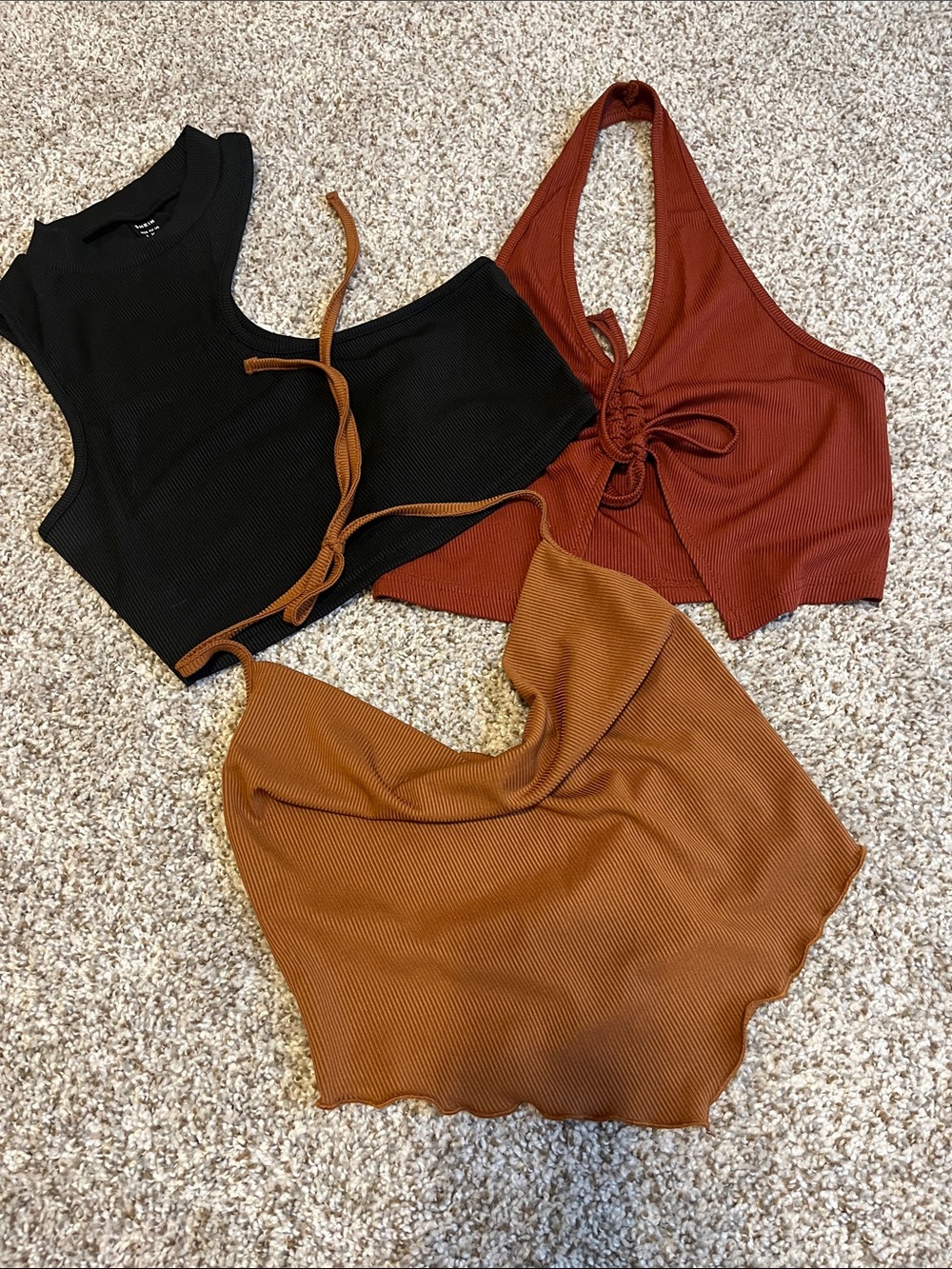 SHEIN 3-Piece Ribbed Tank Set in Black, Rust, and Tan